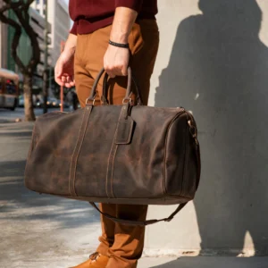 Handcrafted Top Grain Leather Weekender Bag with Adjustable Shoulder Strap and Interior Pocket